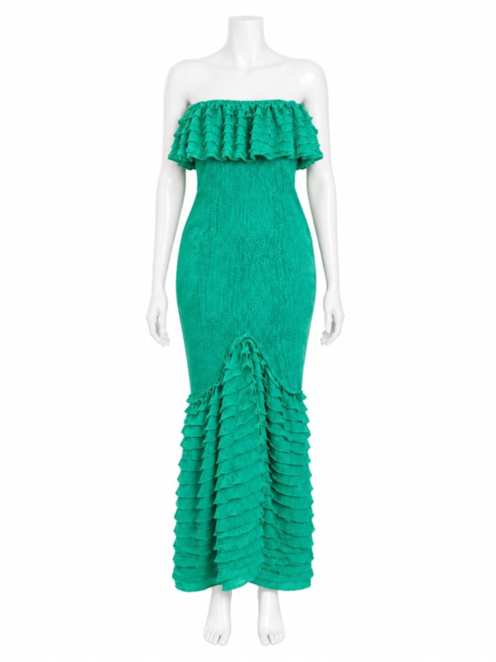 Handmade emerald green off shoulder dress layered ruffles bodice mermaid hem
